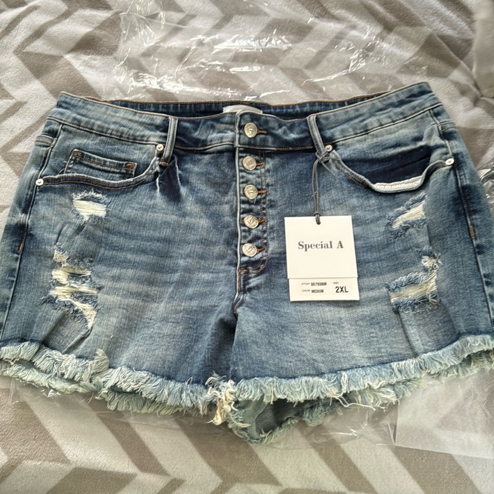 Special A Midrise Distressed Button Fly Denim Shorts